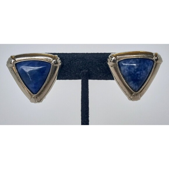 Vintage Southwestern Silvertone Sodalite Clip On Earrings 1 in - Picture 1 of 10